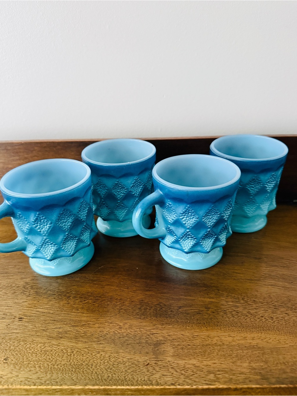 4 Vintage Fire King Kimberly Blue Ombre Milk Glass Mugs MCM Anchor Hocking